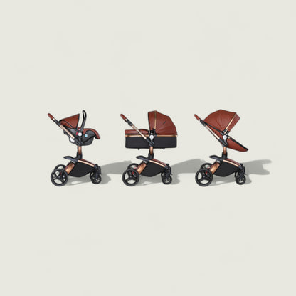 Three baby strollers with brown seats and black frames on a beige background