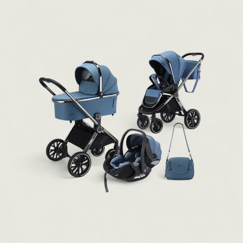 Collection of blue baby stroller, car seat, and bag on a light beige background