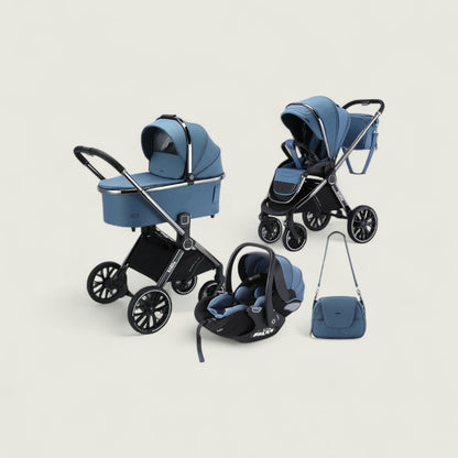 Collection of blue baby stroller, car seat, and bag on a light beige background
