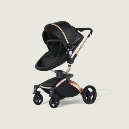 Black and rose gold stroller on a light beige background