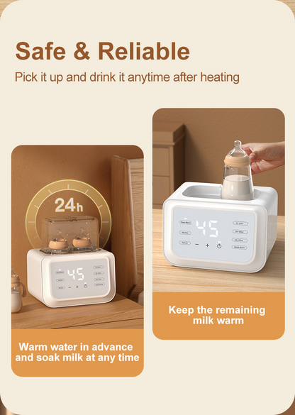 White electronic device with digital display on a wooden surface, labeled 'Safe & Reliable' and 'Keep the remaining milk warm'.