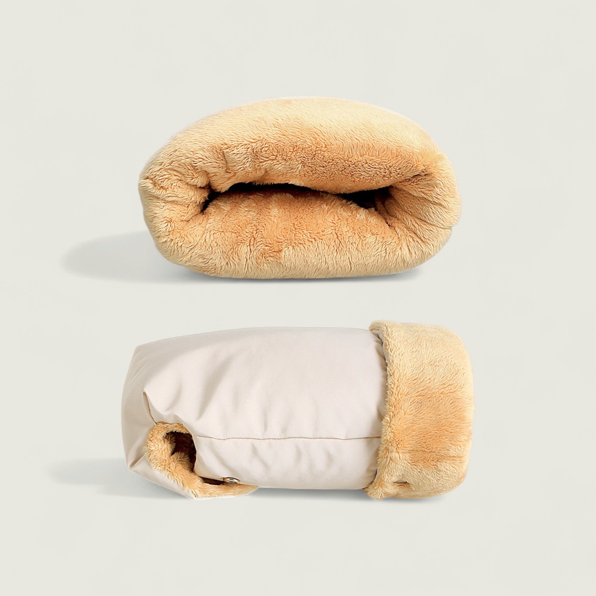 Two plush pet beds, one beige and one white with beige trim, on a light gray background.