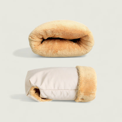Two plush pet beds, one beige and one white with beige trim, on a light gray background.
