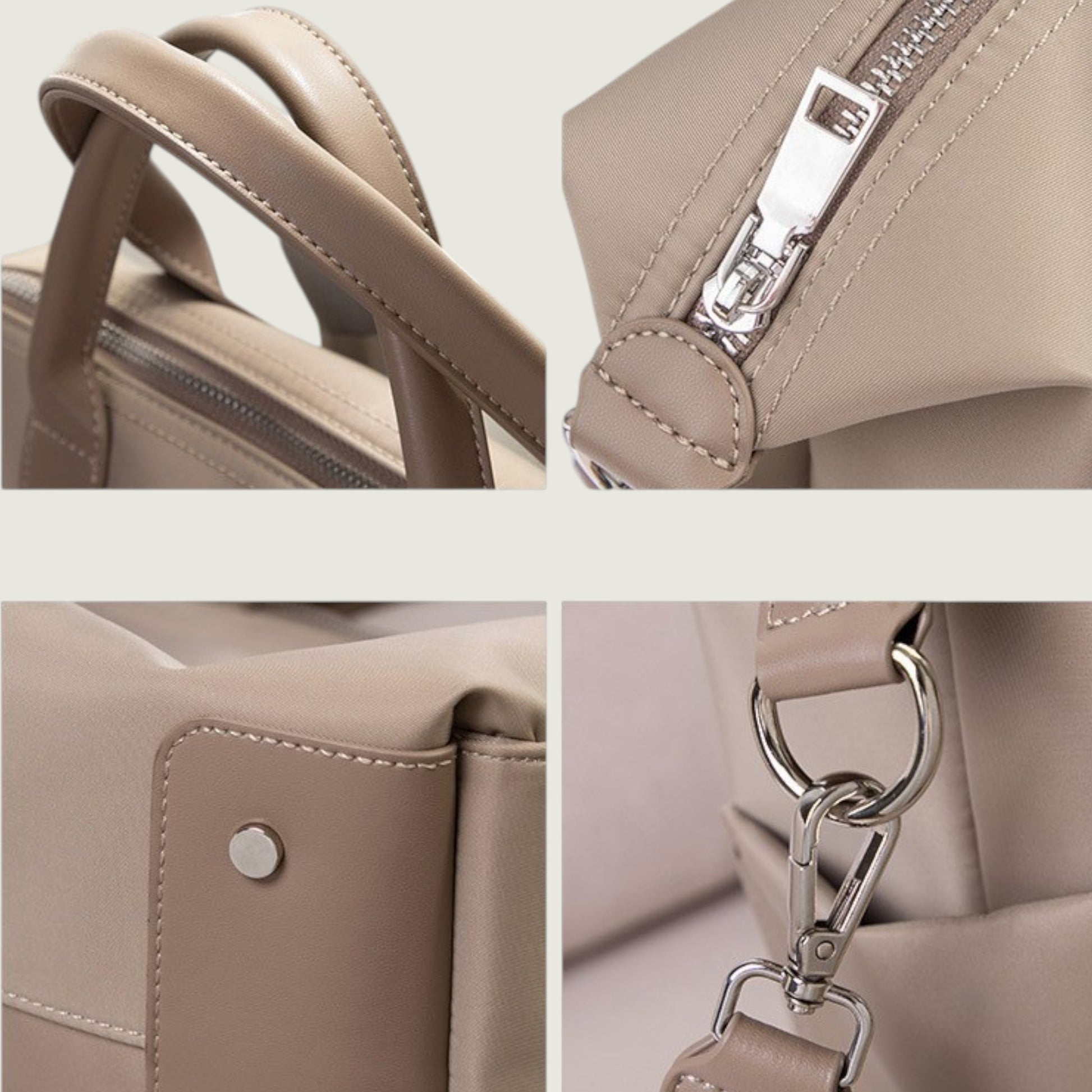 Close-up details of a beige handbag including handle, zipper, and clasp.
