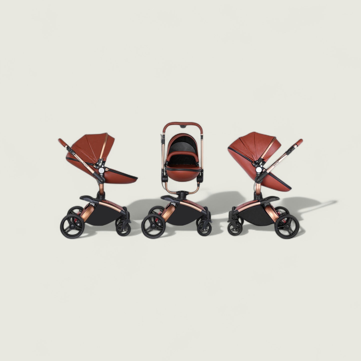 Three baby strollers with brown seats and black frames on a beige background