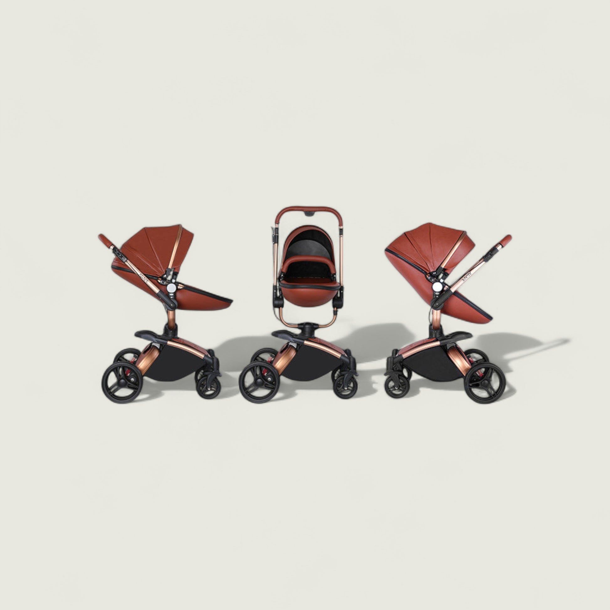 Three baby strollers with brown seats and black frames on a beige background