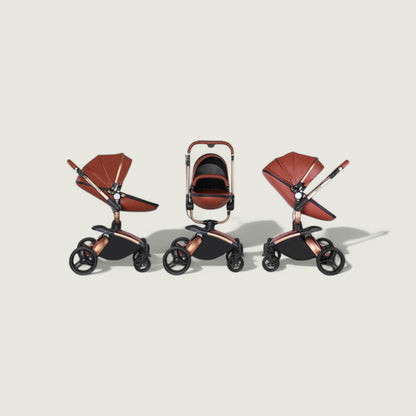 Three baby strollers with brown seats and black frames on a beige background