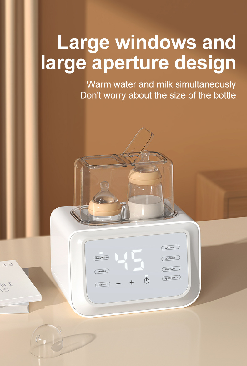 Baby bottle warmer with digital display on a light surface, text about large windows and aperture design.