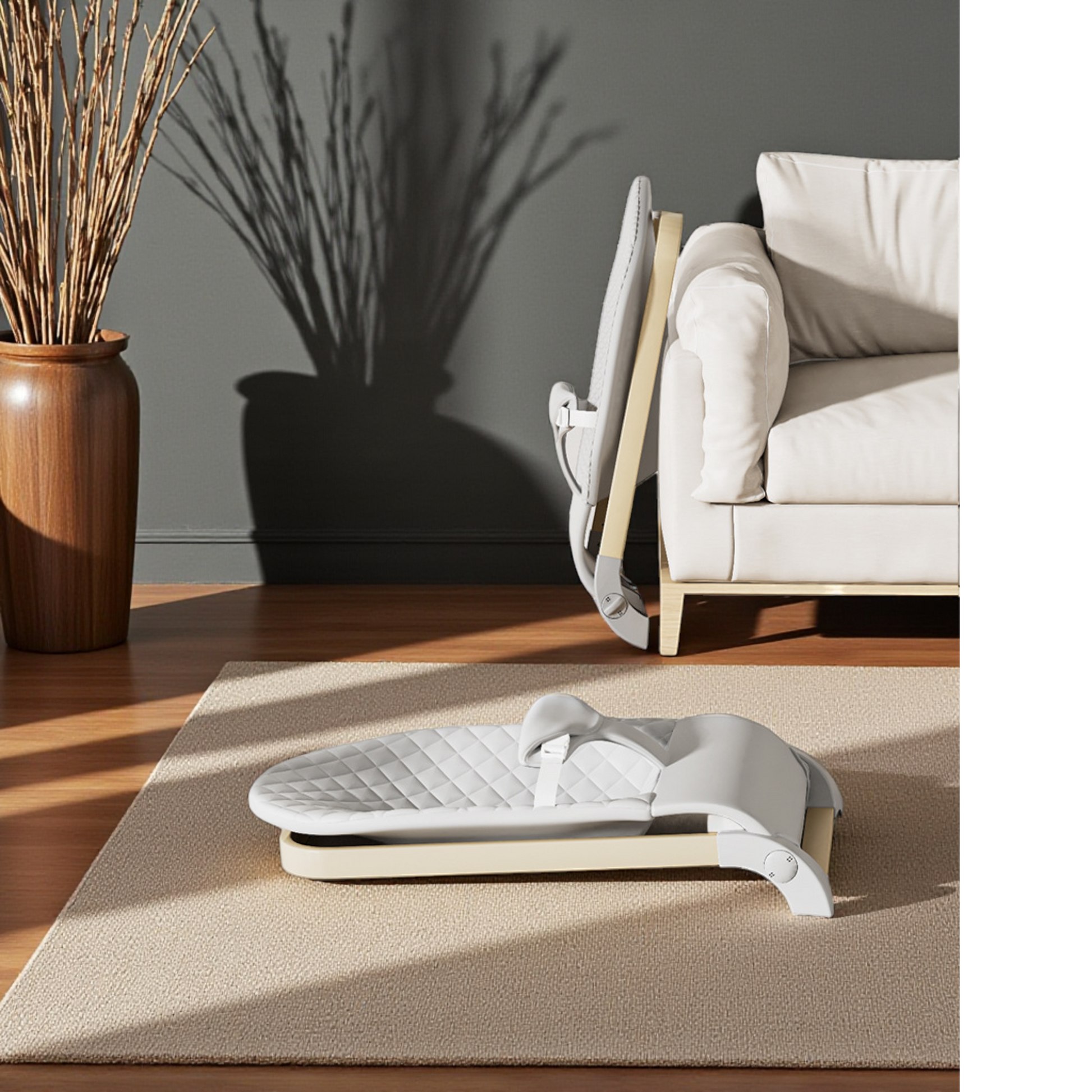 White footrest on a rug in a living room with a couch and vase in the background
