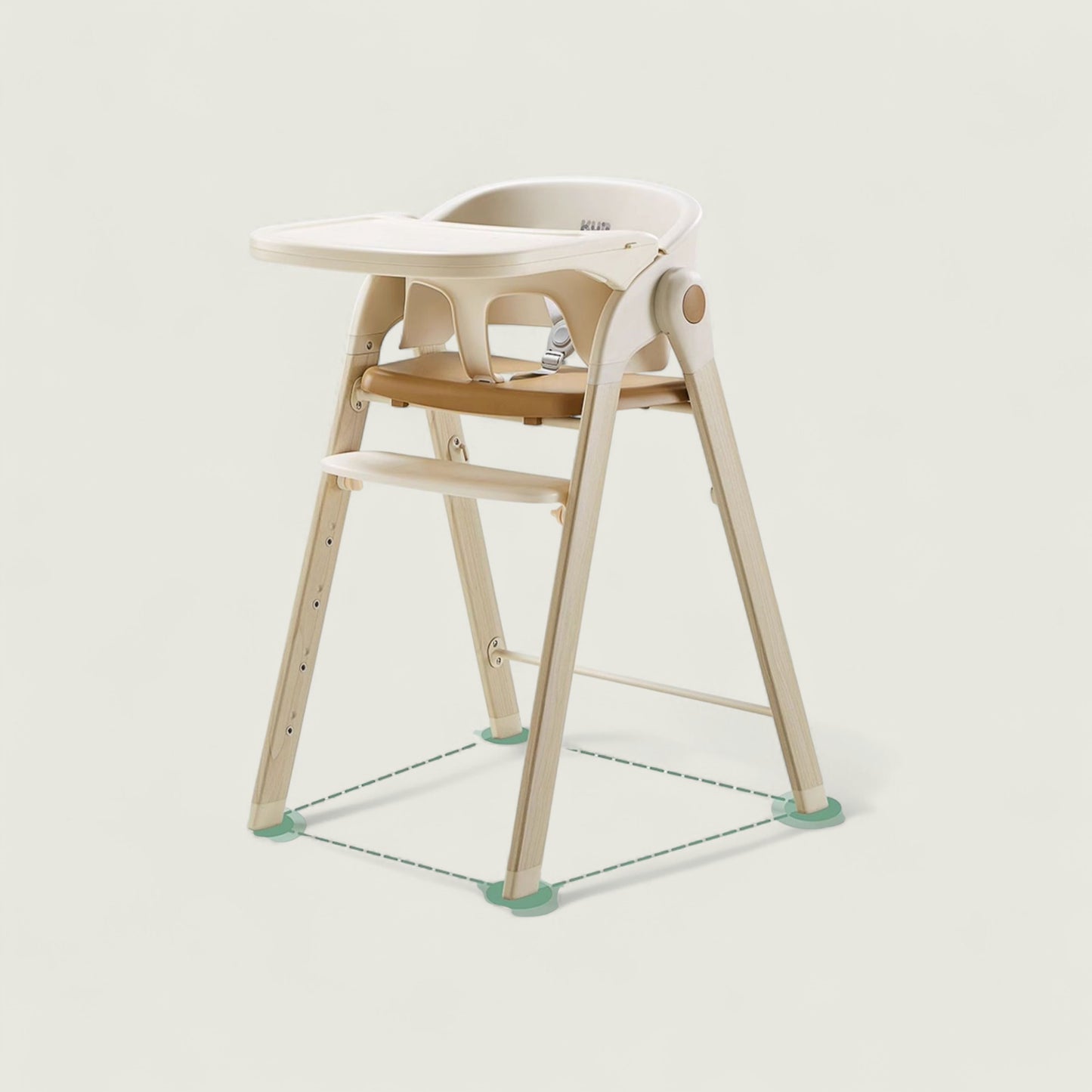 Children's high chair with white seat and wooden legs on a light gray background