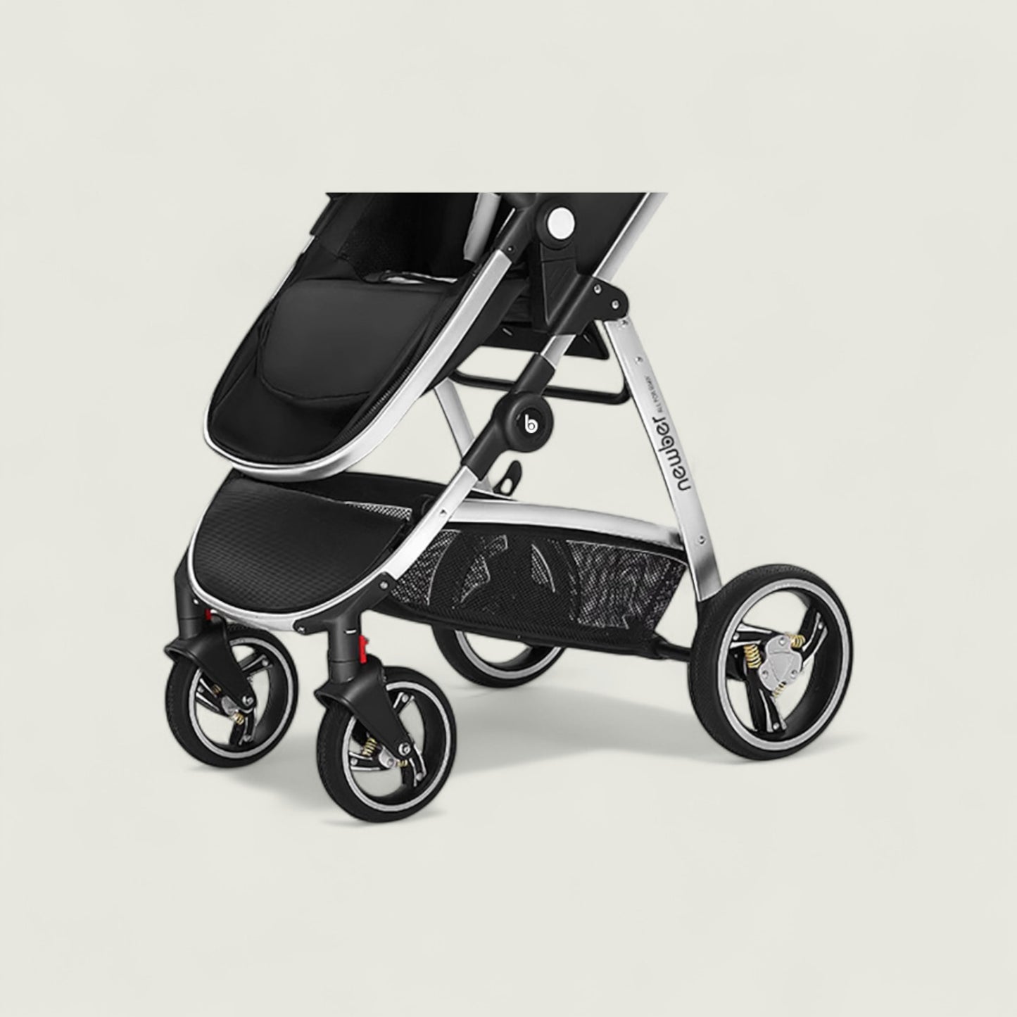 Black and silver stroller on a light beige background