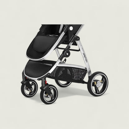 Black and silver stroller on a light beige background