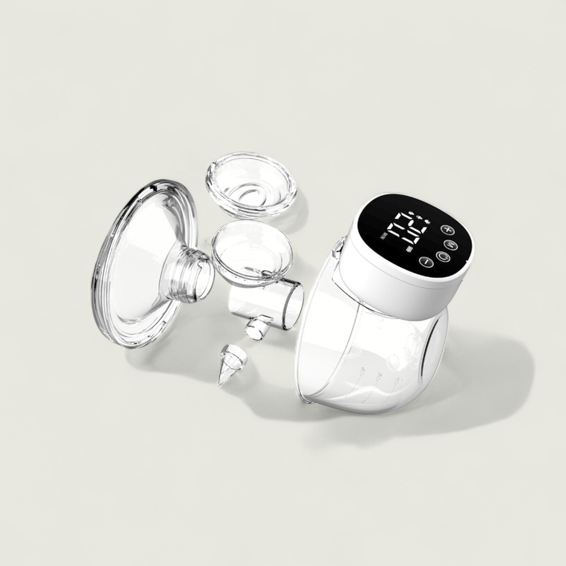 Clear breast pump with digital display on a light gray background