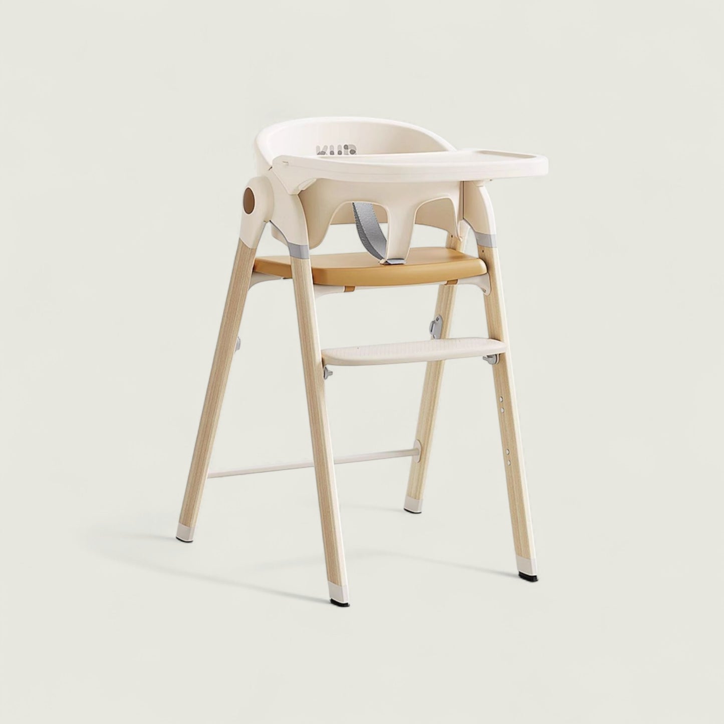 Children's high chair with white seat and wooden legs on a light background