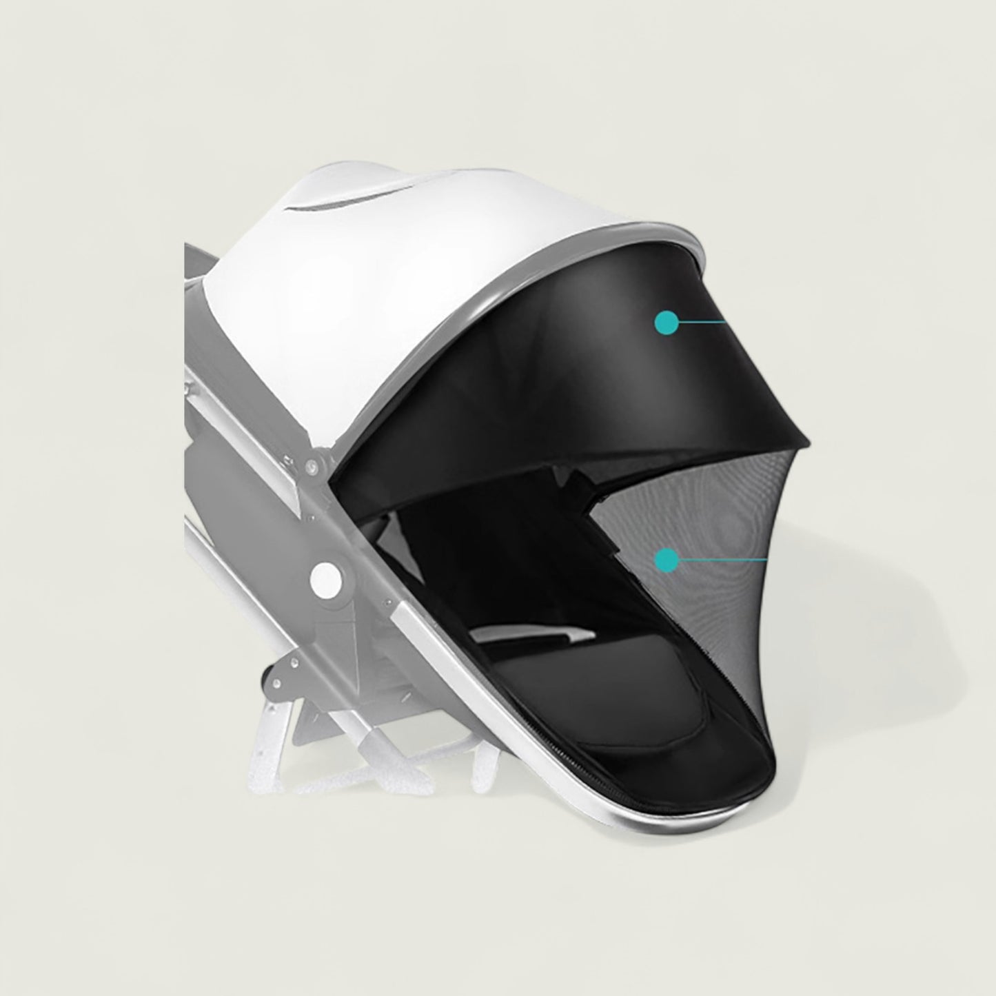 Baby stroller with a white canopy and black interior on a light gray background