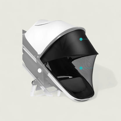 Baby stroller with a white canopy and black interior on a light gray background