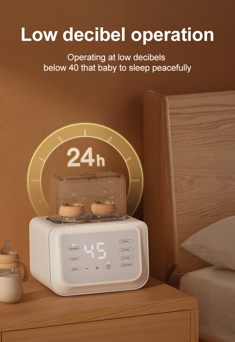 White noise machine on a nightstand with digital display and text about low decibel operation.