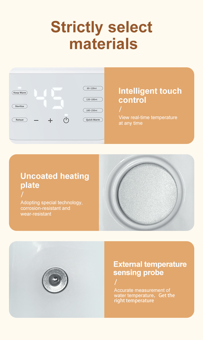 Product features of a heating element with text on materials and functions.