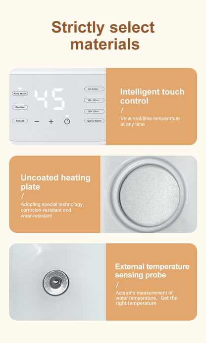 Product features of a heating element with text on materials and functions.
