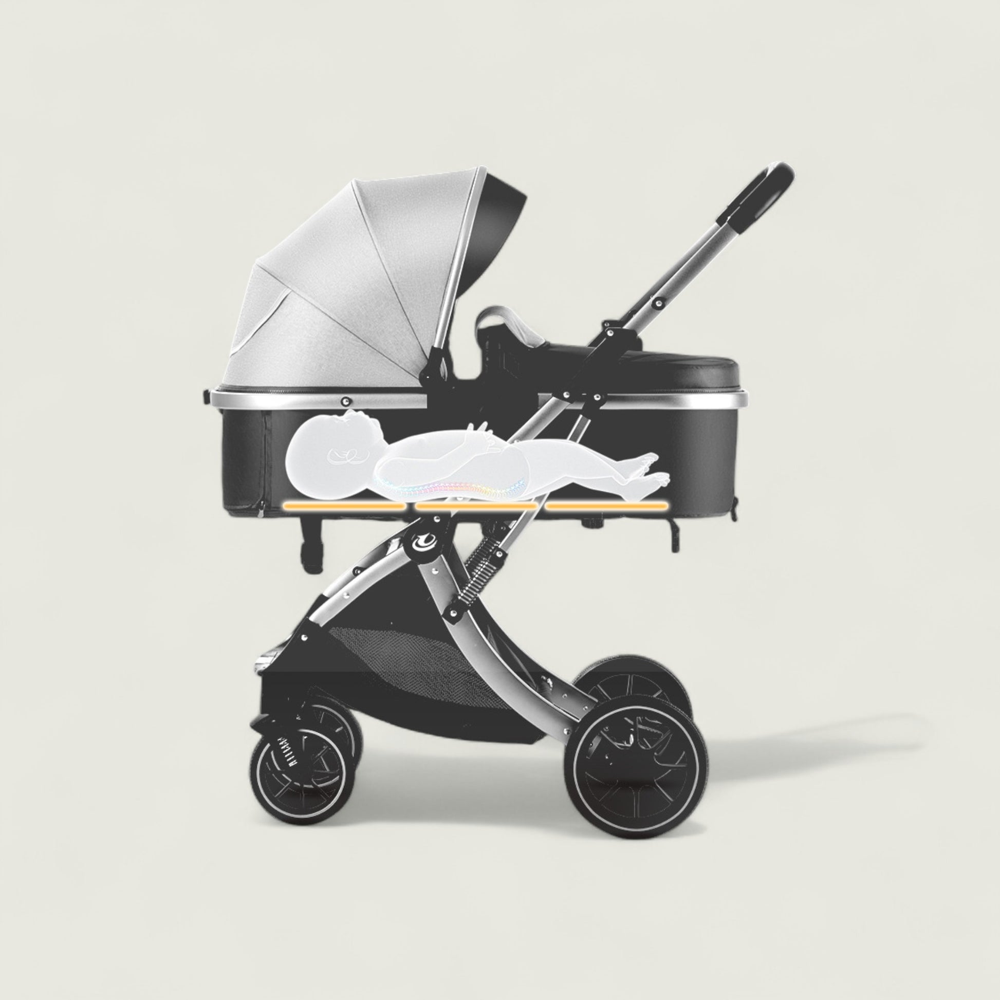 Black and silver baby stroller with a white logo on a light gray background
