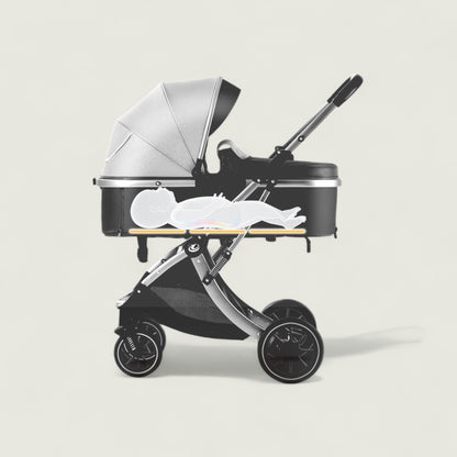 Black and silver baby stroller with a white logo on a light gray background