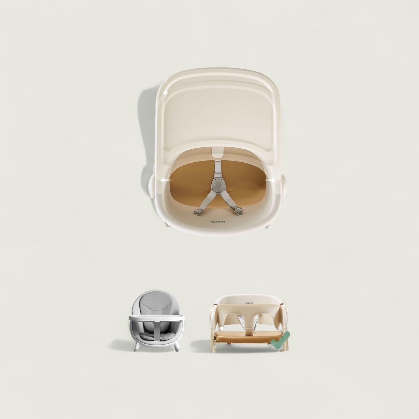 Three baby bouncer chairs in different colors on a light beige background