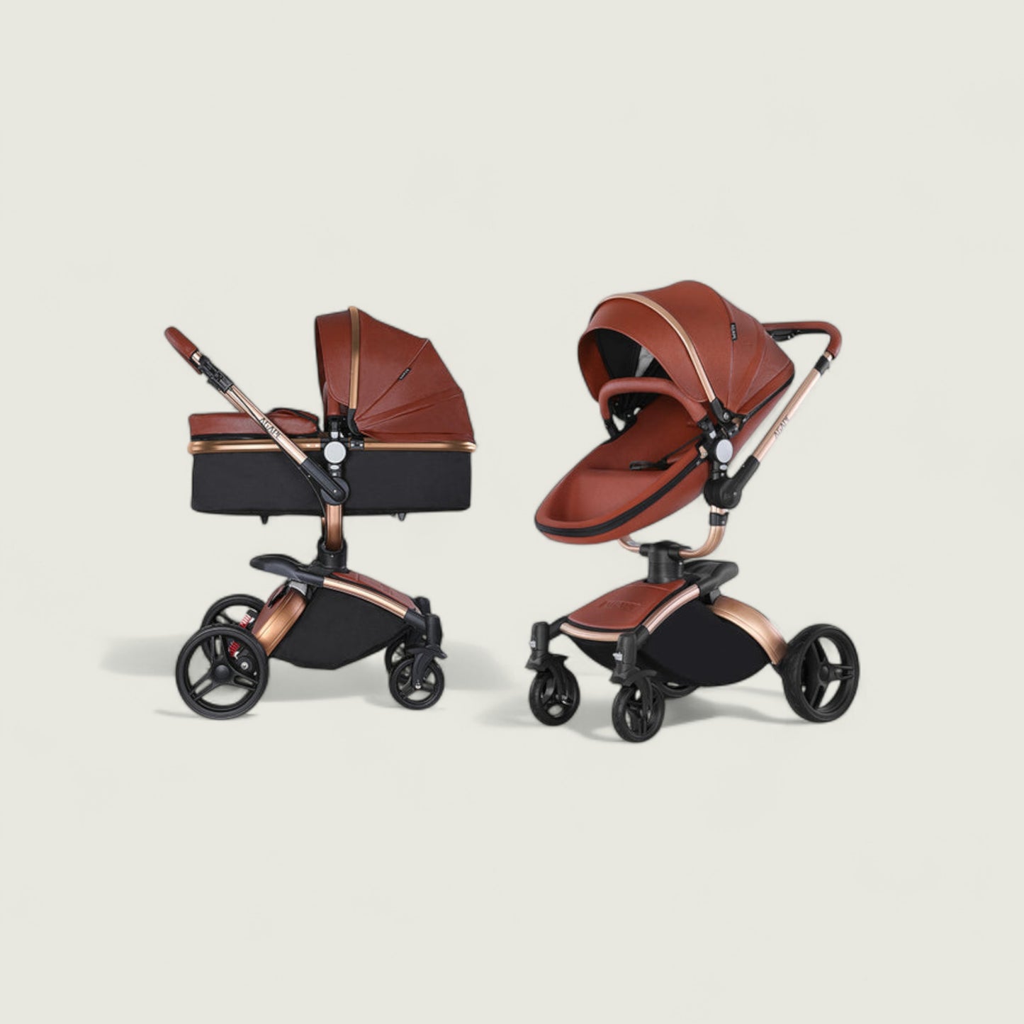 Brown and black baby stroller on a beige background