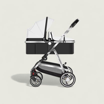 Black and white baby stroller on a light beige background