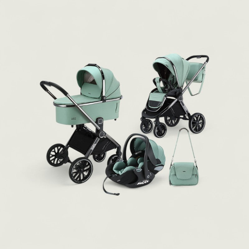 Mint green baby stroller set with car seat and bag on a light beige background