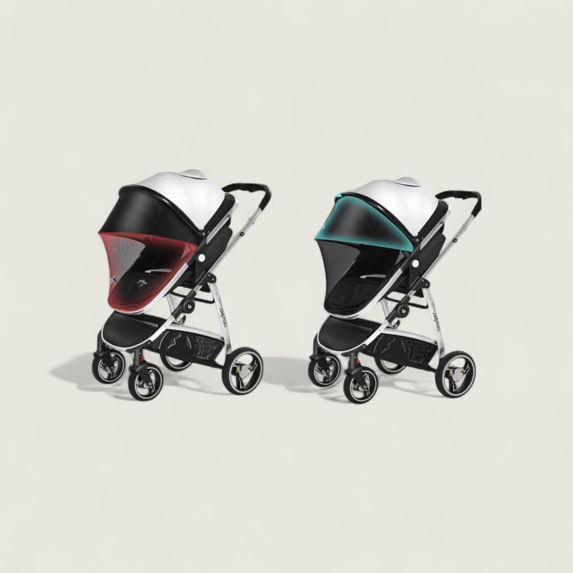 Two baby strollers with different color options on a light beige background