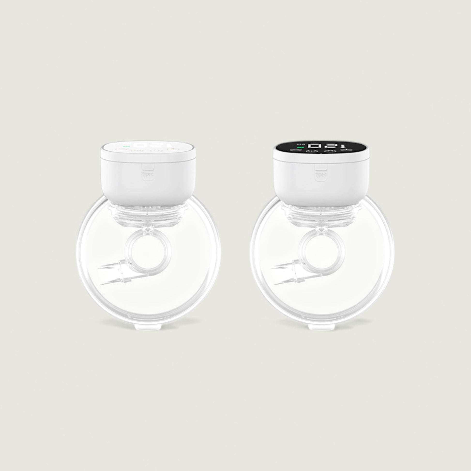 Two white containers with clear bases on a light gray background