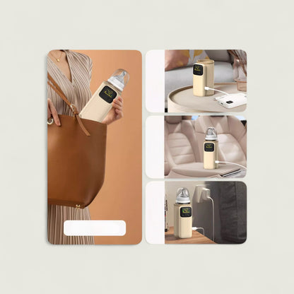 Collage of a baby bottle with various usage scenarios on a light gray background