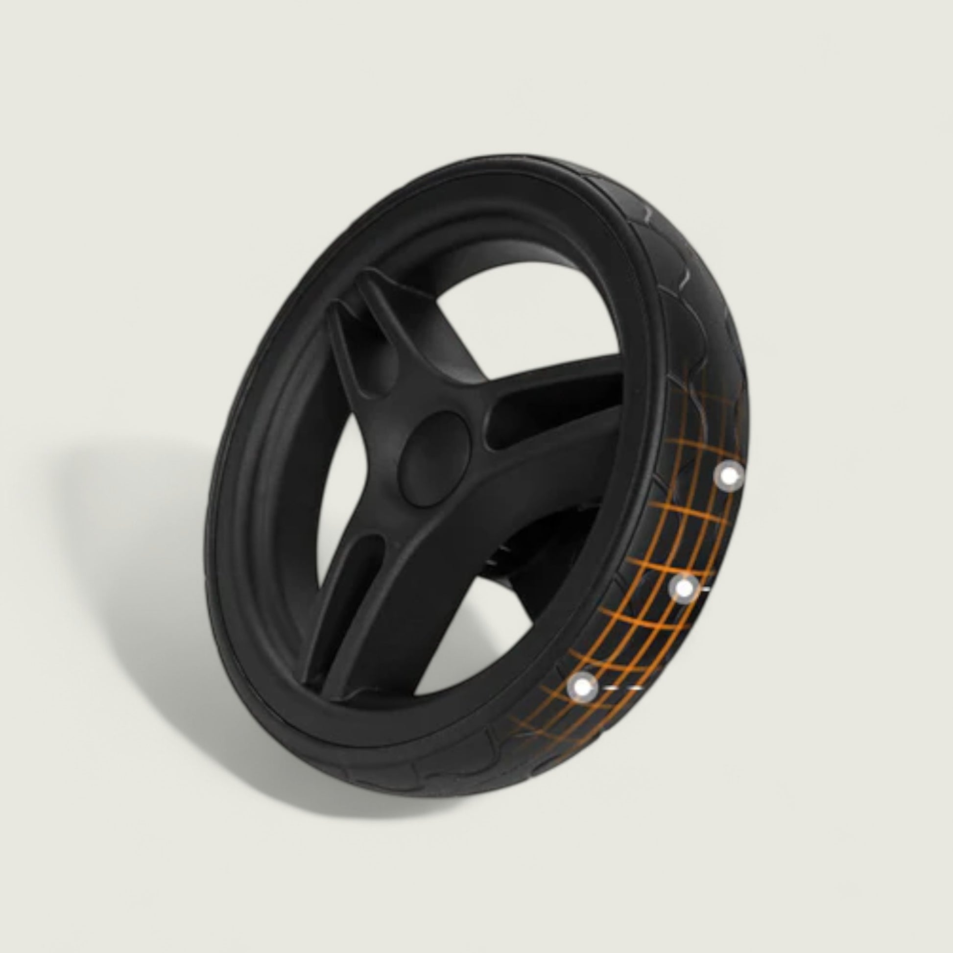 Black wheel with orange accents on a light gray background