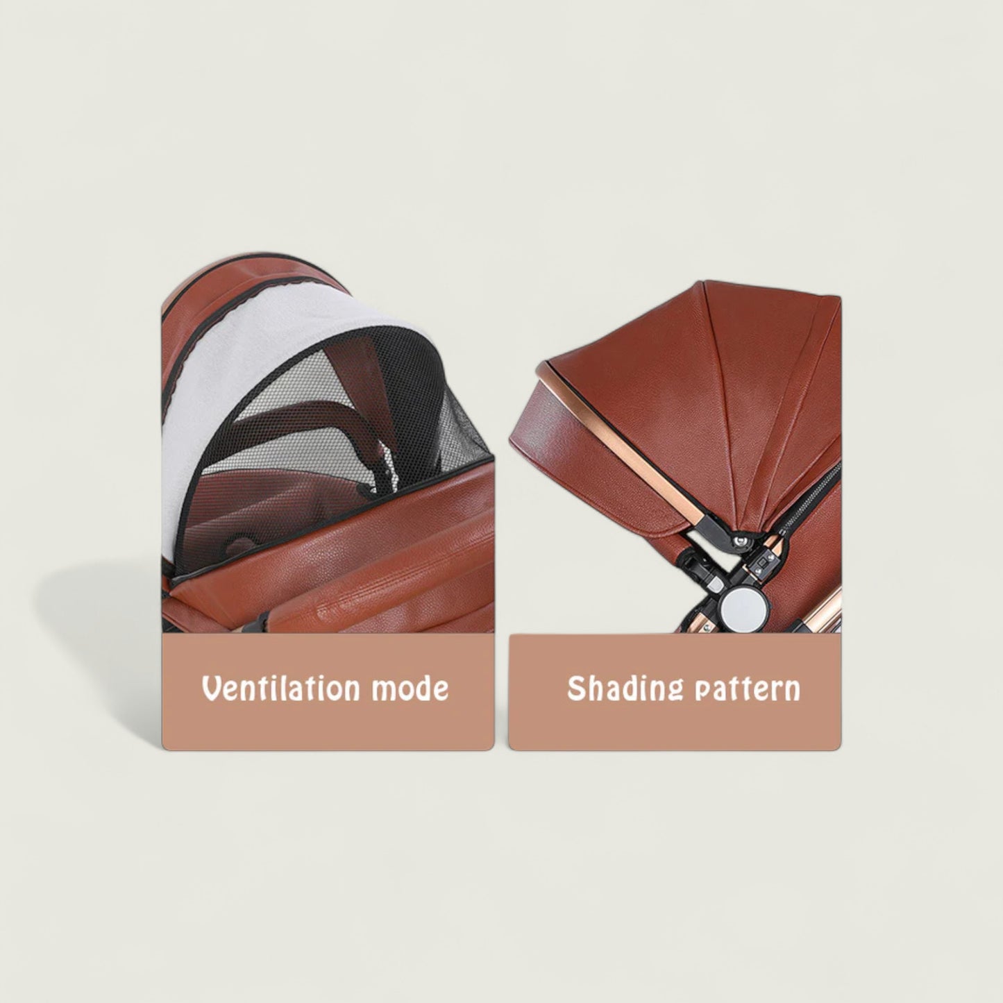 Two views of a brown baby stroller canopy with ventilation mode and shading pattern labels on a beige background.