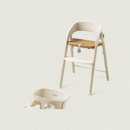 Children's high chair with wooden seat and white frame, accompanied by a matching footrest on a light background.
