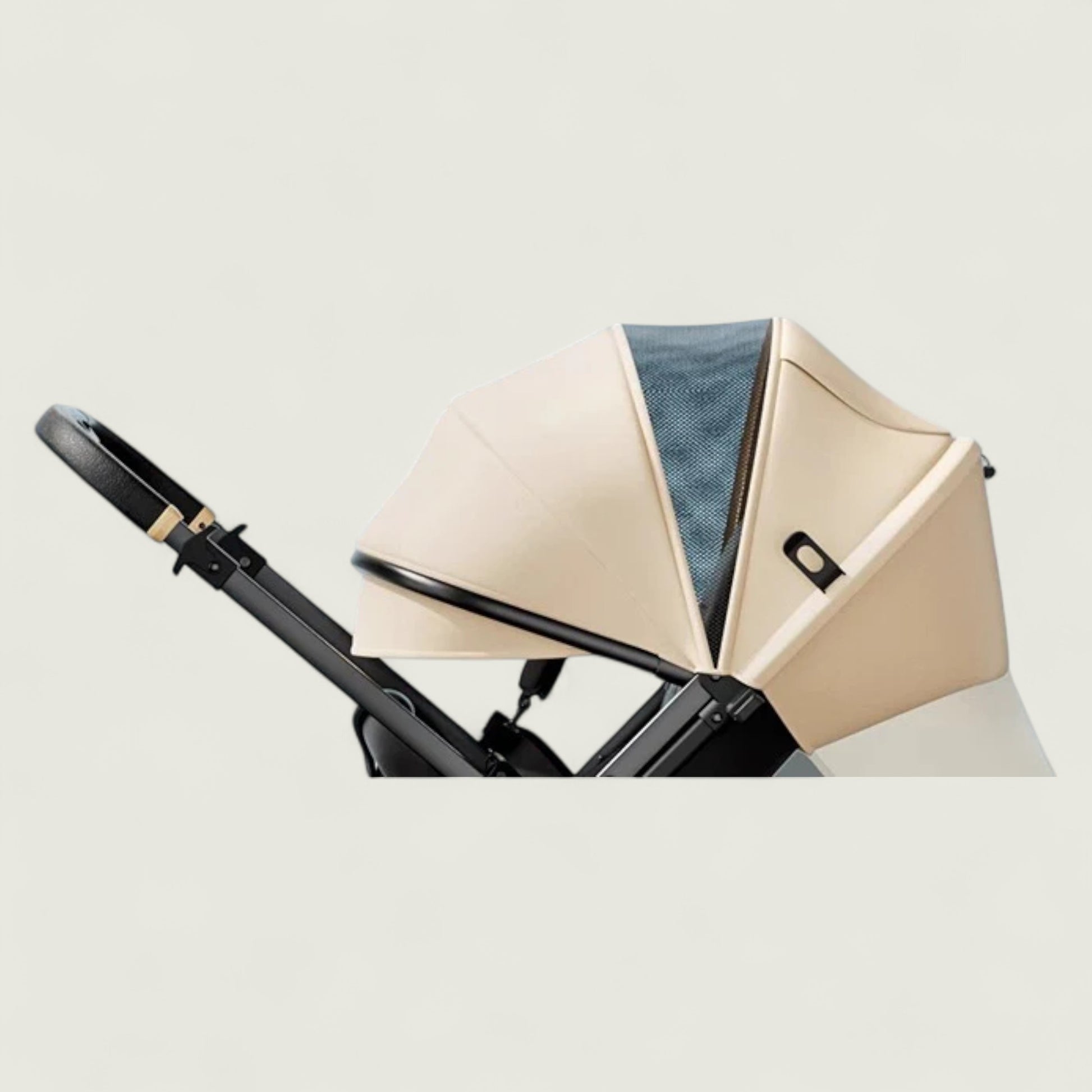 Beige baby stroller canopy with black frame on a light gray background