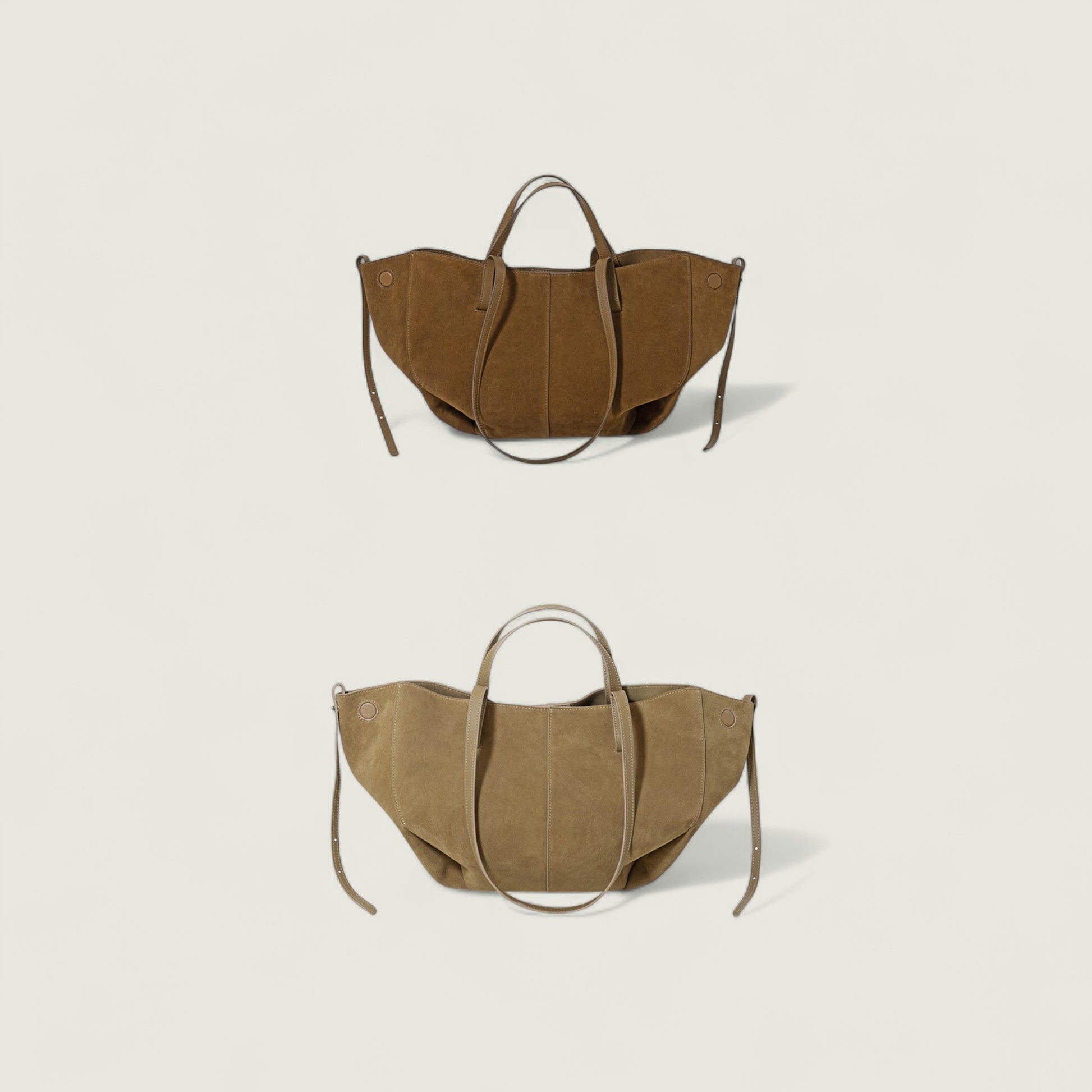Two brown handbags on a light beige background