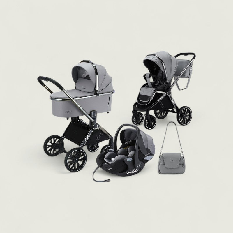 Baby stroller and car seat set with a handbag on a light beige background