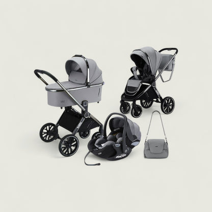 Baby stroller and car seat set with a handbag on a light beige background