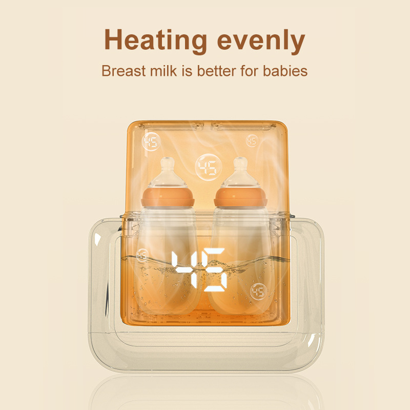 Baby bottle warmer with text 'Heating evenly' and 'Breast milk is better for babies' on a beige background