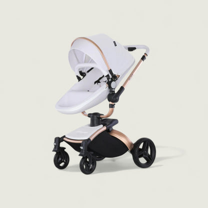 White and rose gold baby stroller on a beige background