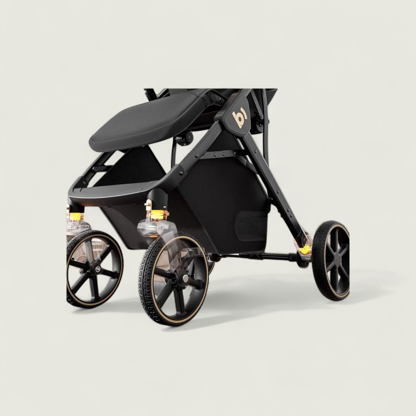 Black stroller with yellow accents on a light gray background