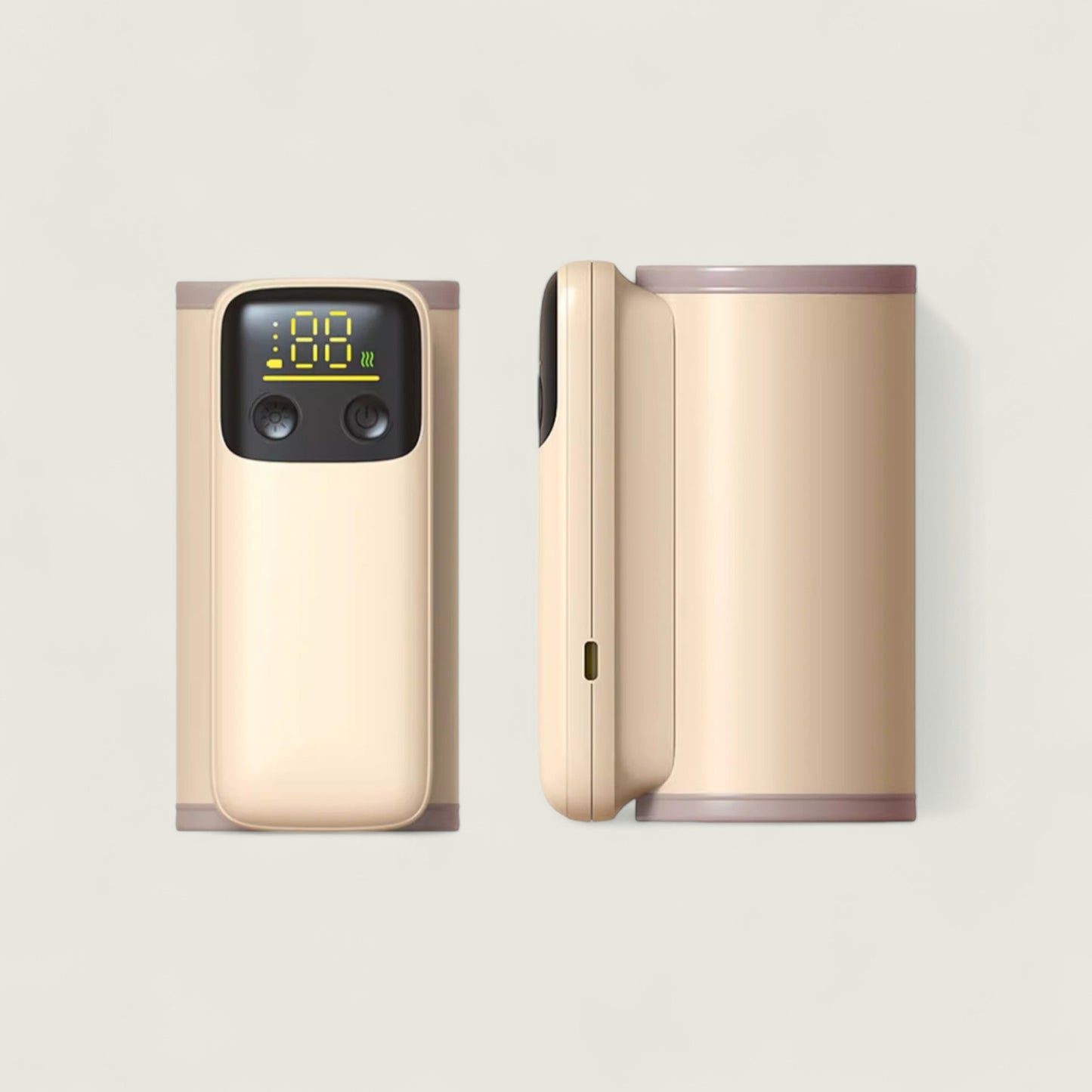 Two beige electronic devices with digital displays on a light gray background