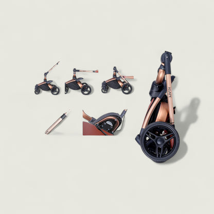 Foldable scooter with multiple views on a light beige background