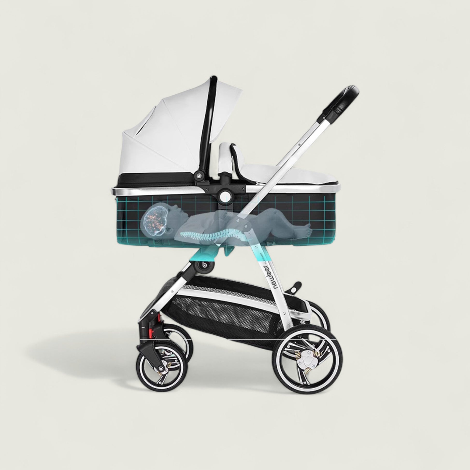 Baby stroller with a white canopy on a light beige background