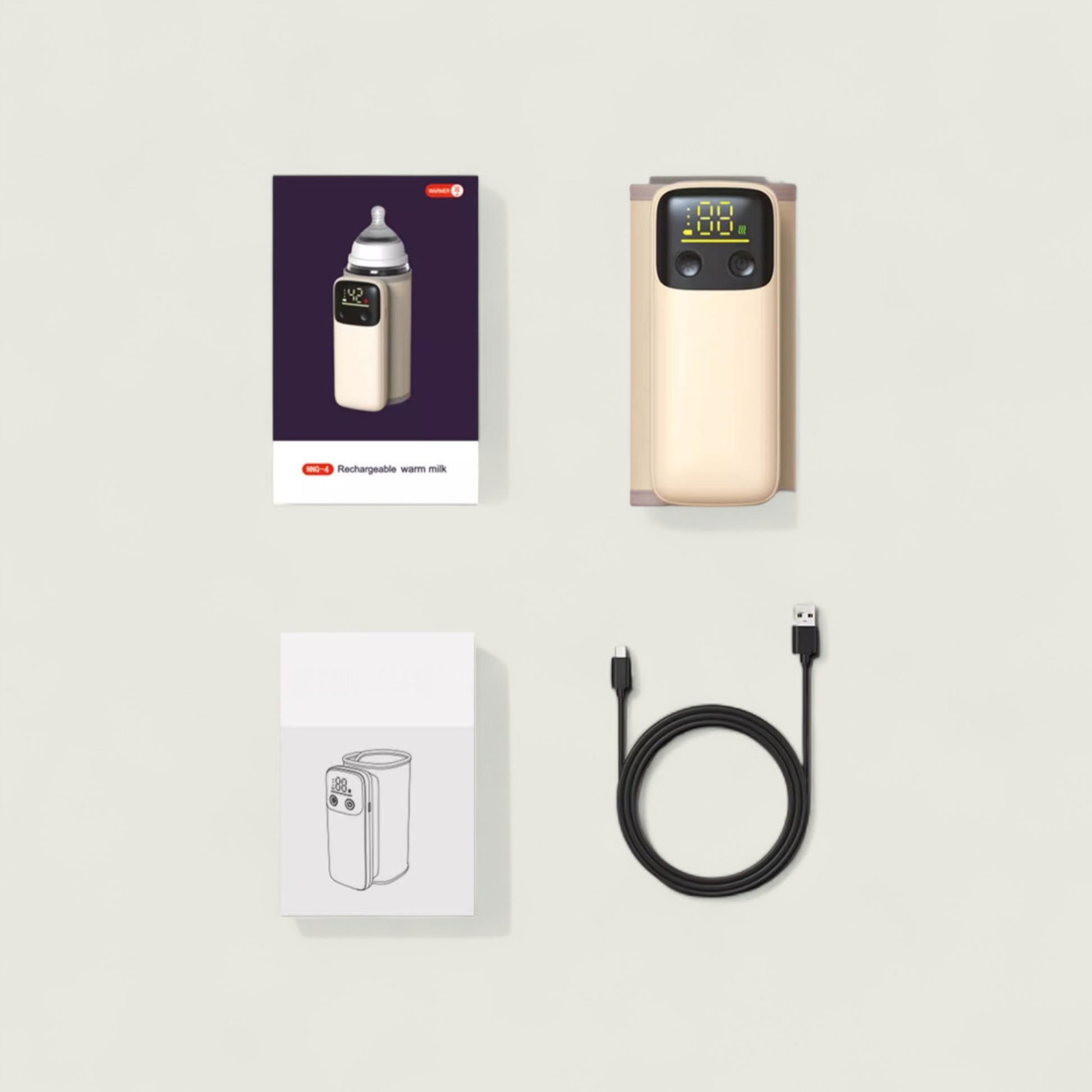 Product packaging with a device, charger, and cables on a light gray background