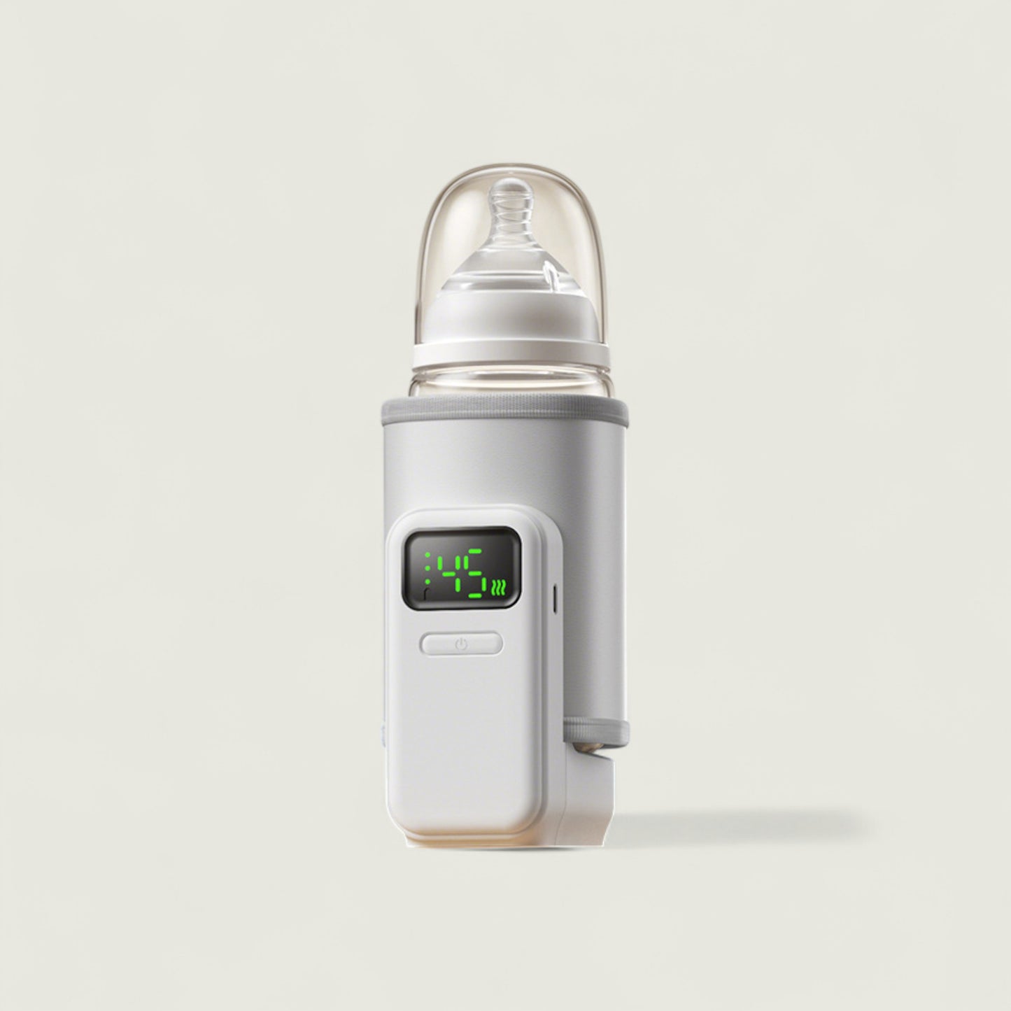 Baby bottle with digital temperature display on a light gray background