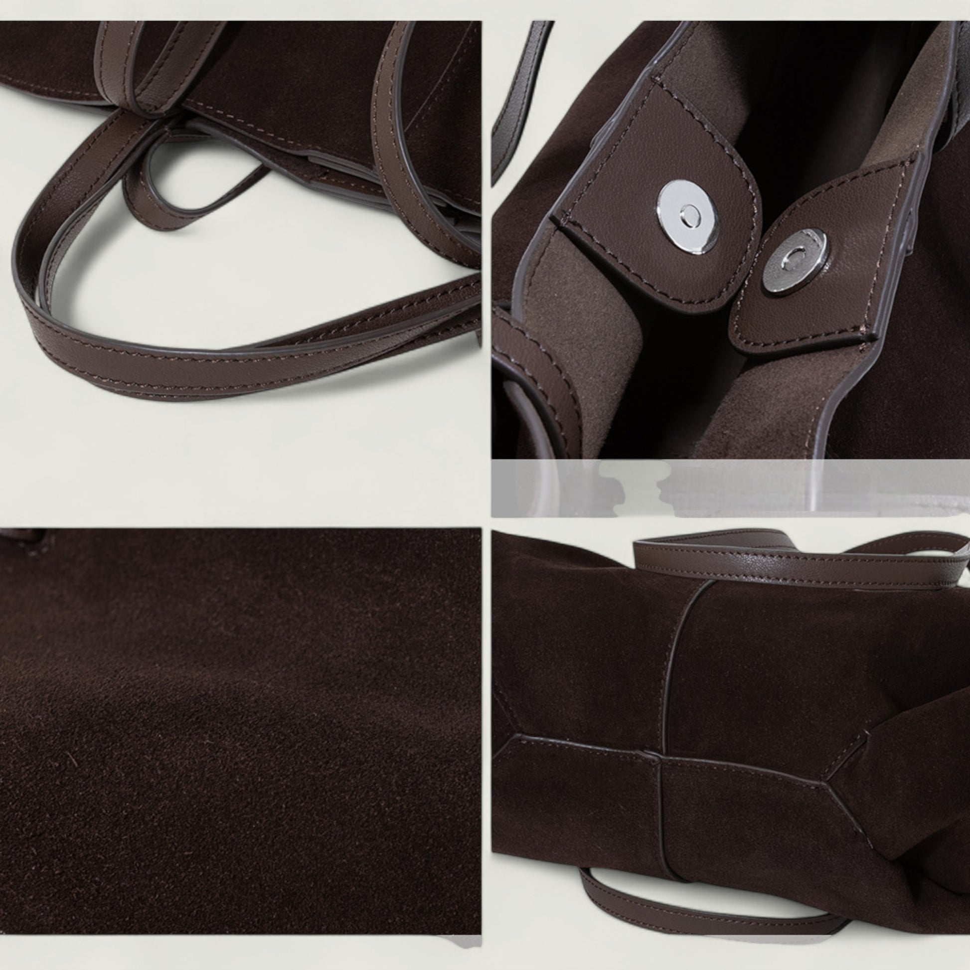 Collage of a brown leather bag with close-up details on a light gray background