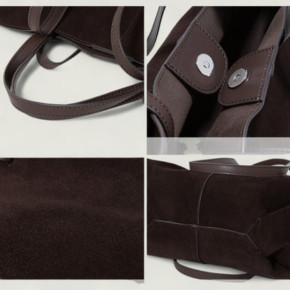 Collage of a brown leather bag with close-up details on a light gray background