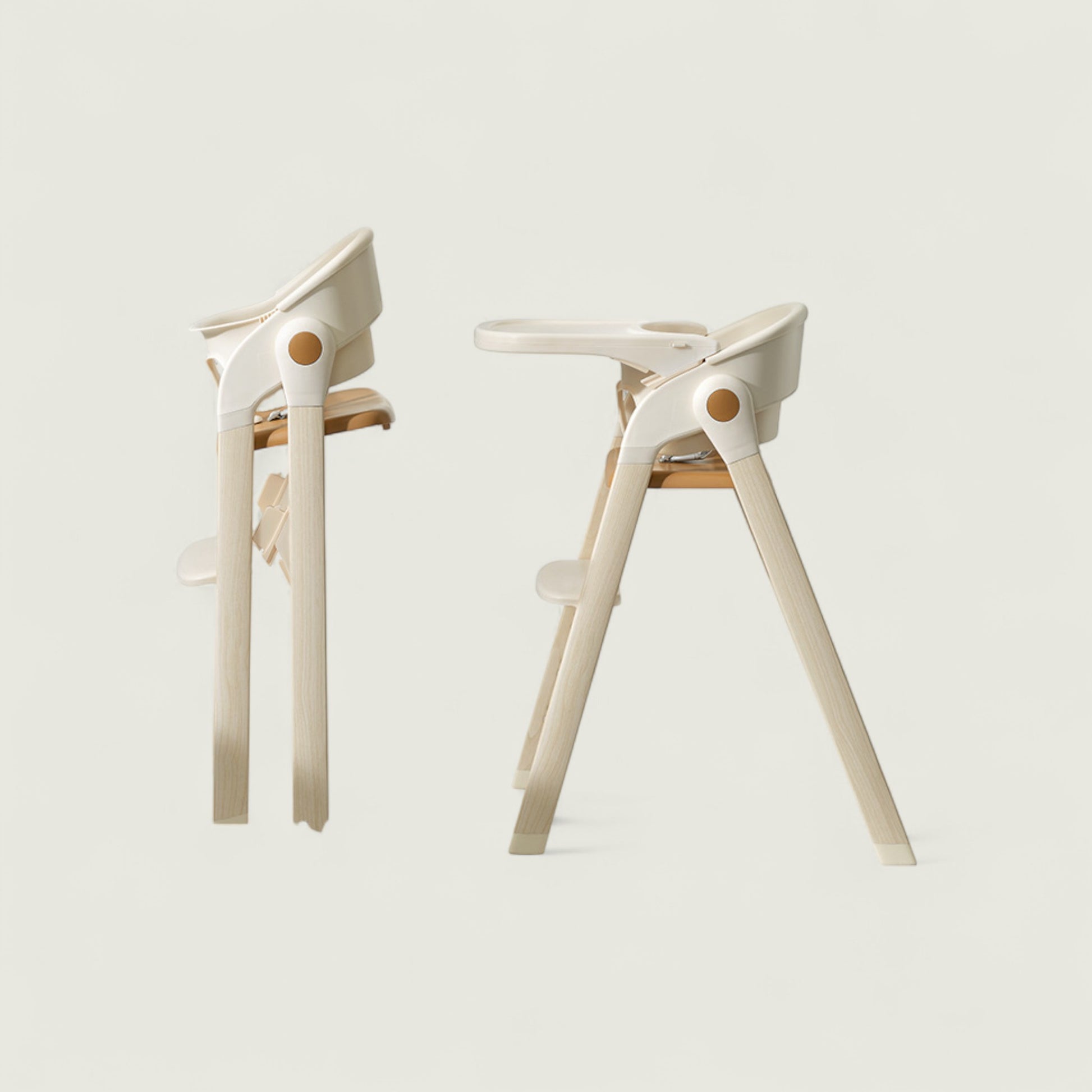 Two white stools with wooden seats on a light gray background